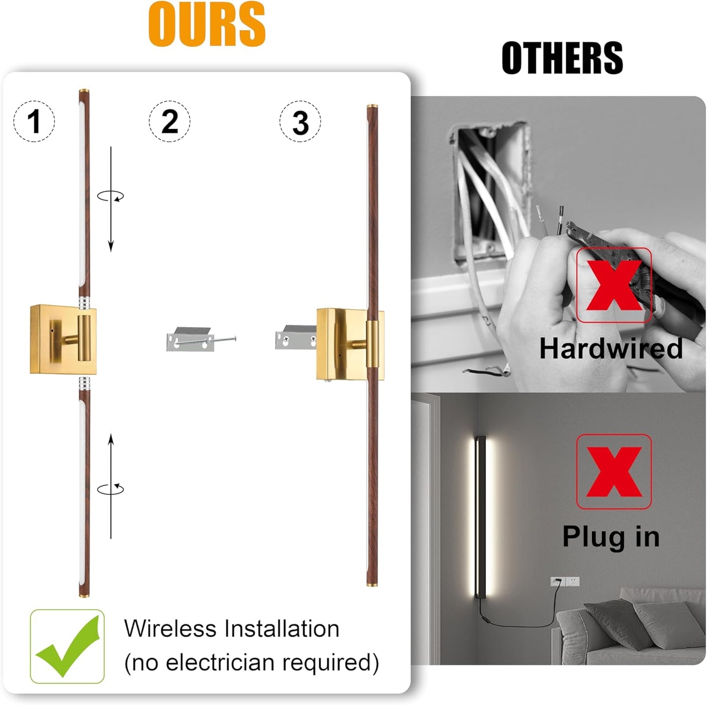 Morauroral Battery Operated Wall Sconces Set of 2, 10000mAh Rechargeable Sconces, 3000K-6000K Dimmable LED Wall Lamp with Remote, 24 Inch Black Gold Wireless Wall Lights for Bedroom, Living Room