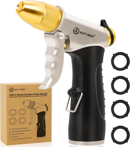 AUTOMAN Garden Hose Nozzle Sprayer - High Pressure 100% Metal Water Spray Nozzle With 4 Patterns - Heavy Duty for Watering Plants, Lawns, Washing Cars & Pets