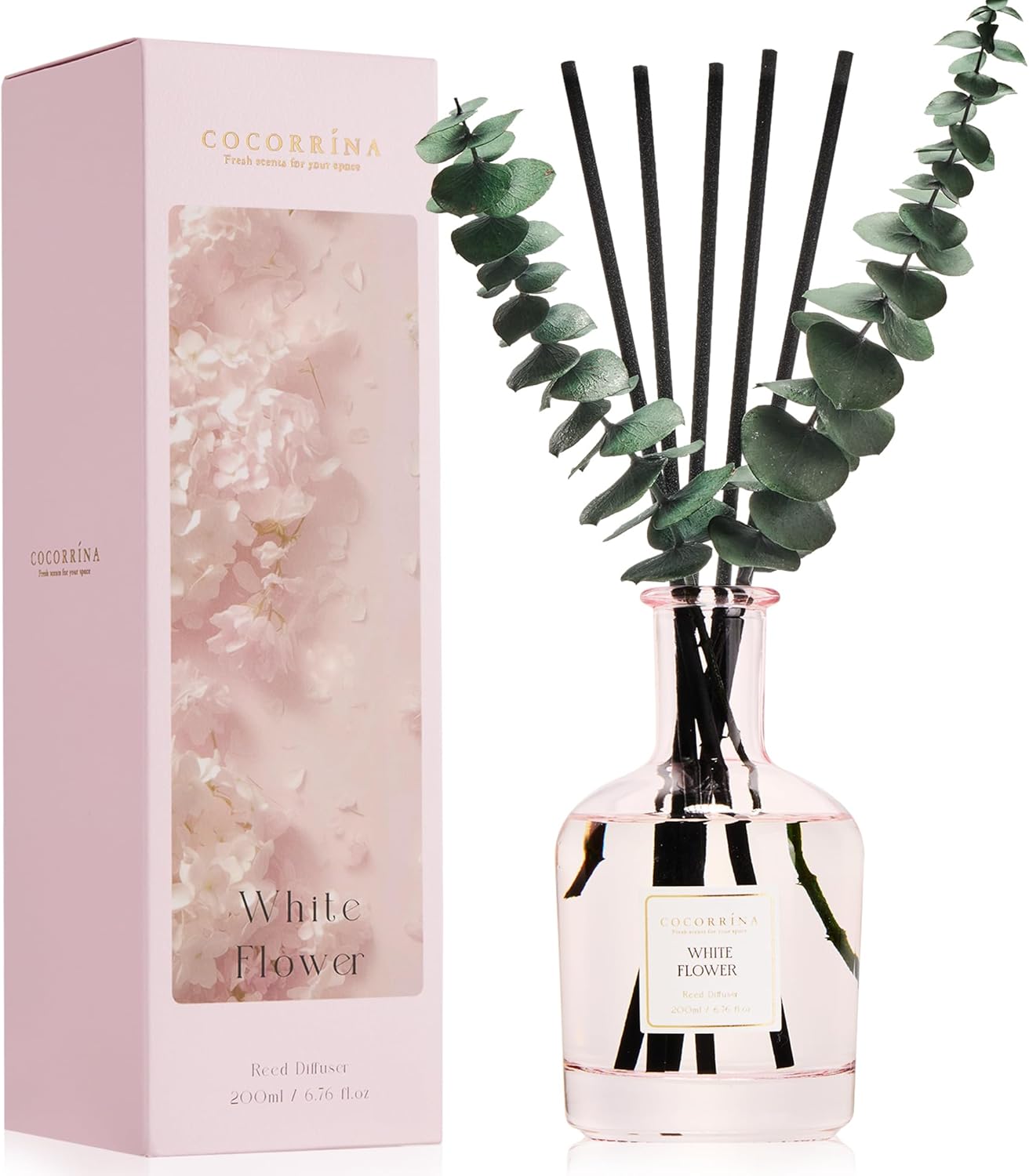 COCORRÍNA Wild Mint & Eucalyptus Reed Diffuser – 6.76 oz Essential Oil with 8 Reeds & Real Eucalyptus Sticks, Home Fragrance for Bedroom or Bathroom Décor