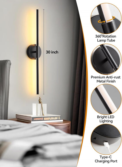 Battery Operated Wall Sconces Set of 2, Modern Wireless Wall Lights with Remote & Touch Control, 24 Inch Black Dimmable Rechargeable LED Sconce with 3 Colors & Timer for Bedroom, Living Room, Hallway