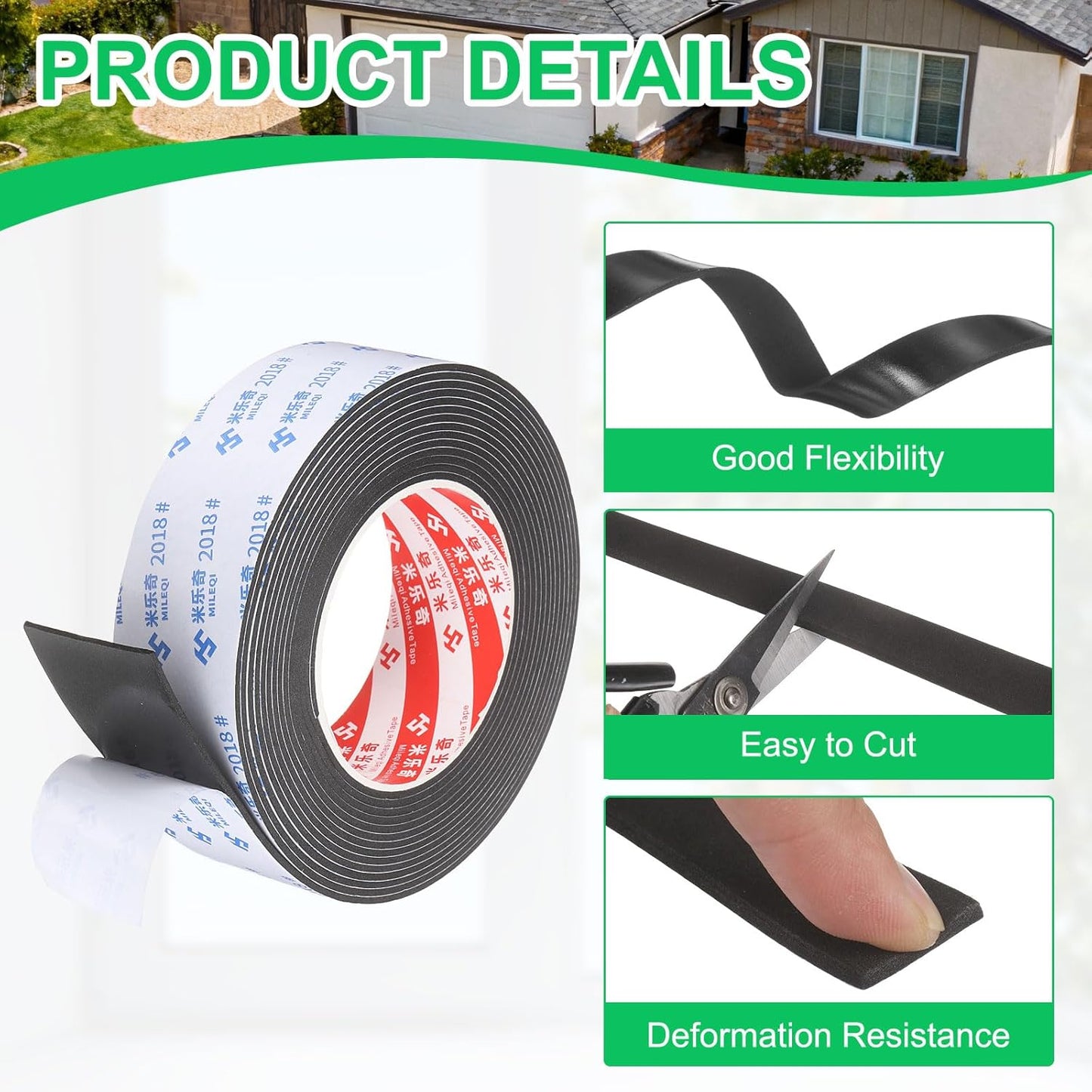 PATIKIL Sponge Rubber Foam Tape, 5/8" W x 1/8" t x 16.4ft l Self-Adhesive Foam Insulation Tape Weather Stripping for Window Door Soundproofing Weatherstrip AC Seal Strip, Black