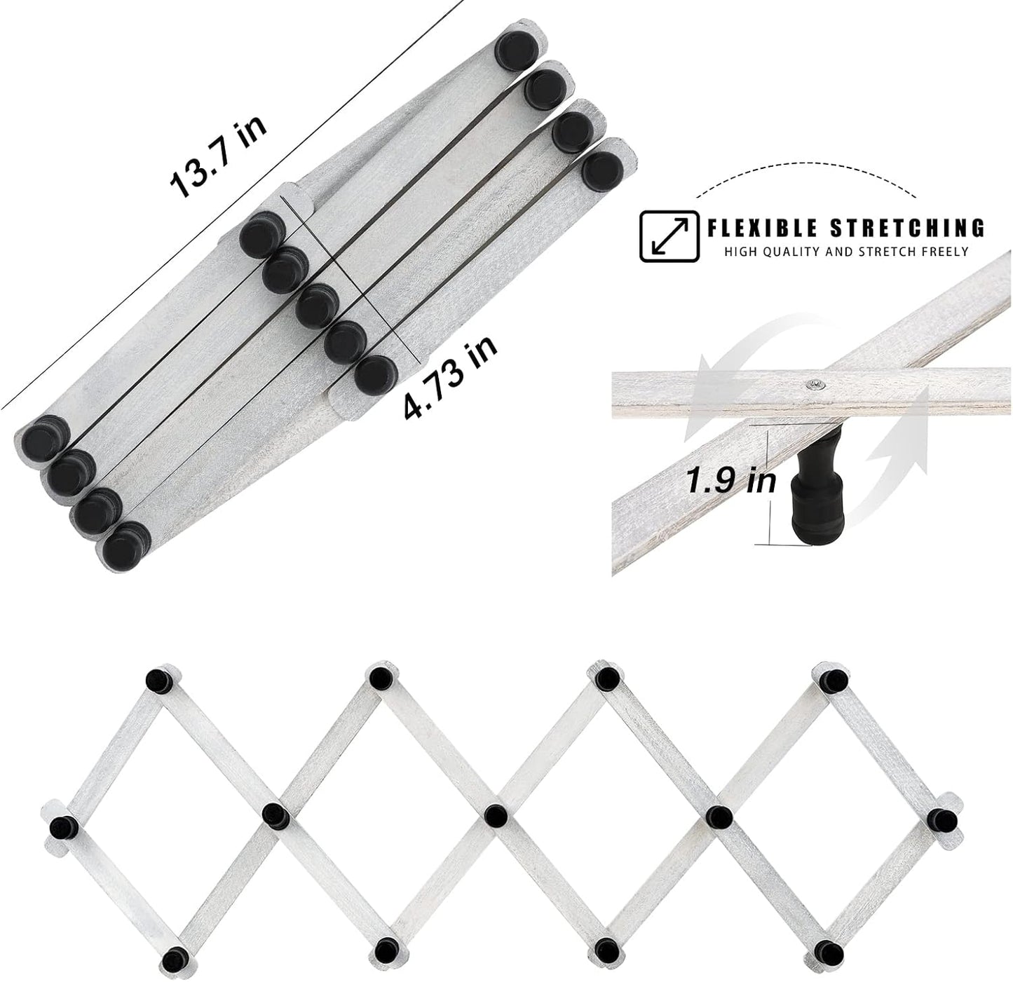 WGFKVAS 2 Pack Accordion Hat Rack for Wall - Expandable Coat Rack & Wall Mounted Hat Holder - Wooden Wall Hanger with 10 Peg Hooks for Coats, Baseball Caps, Keys & Mugs