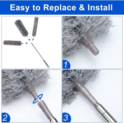 4 Pcs Microfiber Cobweb Duster with 100-inch Extendable Pole, Washable and Reusable Feather Cleaning Duster Kit with 3 Duster Heads,Dusters for Cleaning with Telescopic Pole for High Ceiling Fan