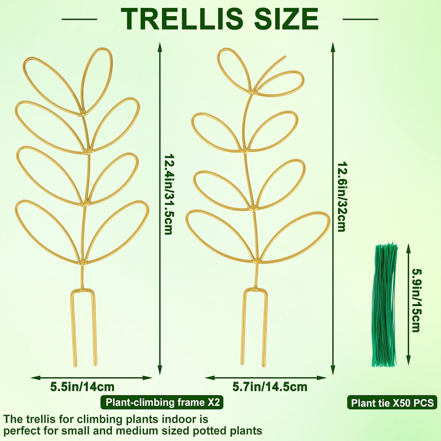 AUGSUN 2 Packs Plant Trellis Garden Trellis Plant Stakes Trellis | for Climbing Plants, Indoor Plants Metal Leaf Shape, Plant Support for Houseplants, with 50 Ties Plant Lover Gift (Green)
