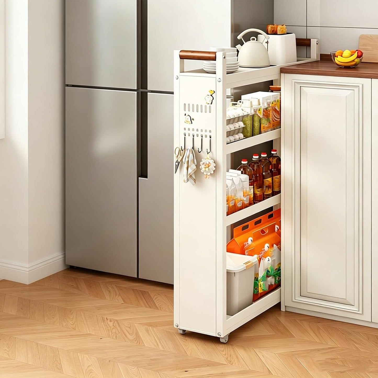Slim Fridge Gap Storage Cart,All Carbon Steel Adjustable Rolling Kitchen Shelving Organizer with Wheels for Refrigerator Side Cabinet Narrow Space(3-Tier 5.5 * 15.7 * 26.0in)