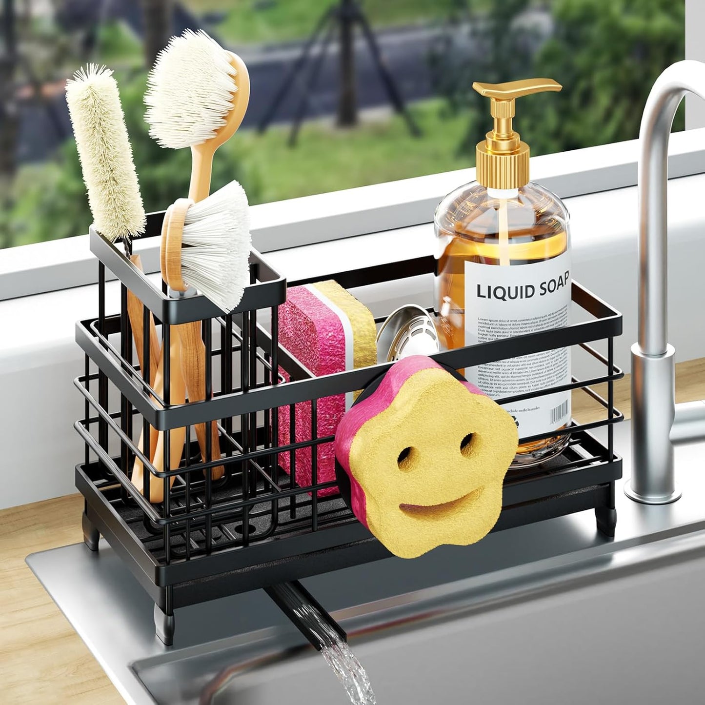 HapiRm Sponge Holder for Kitchen Sink - Self-draining Sink Caddy with Brush and Dishcloth Holders, Stainless Steel Kitchen Countertop Organizers and Storage Essentials - Black