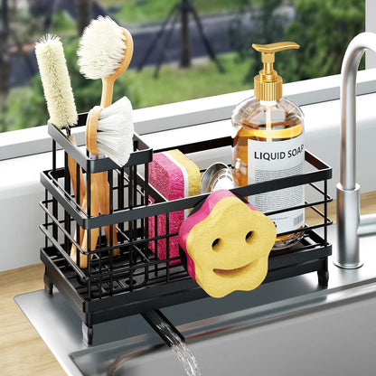 HapiRm Sponge Holder for Kitchen Sink - Self-draining Sink Caddy with Brush and Dishcloth Holders, Stainless Steel Kitchen Countertop Organizers and Storage Essentials - Black