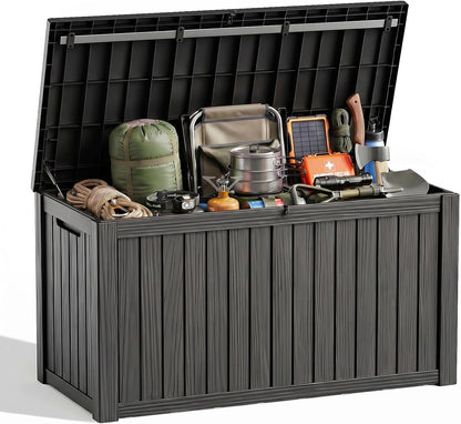 Waterproof Outdoor Storage Box Outside Deck Box Lockable Resin Bench UV Resistant Furniture Cushion Pool Tool Float Bin Patio Garden Porch (Black, 120 Gallon)