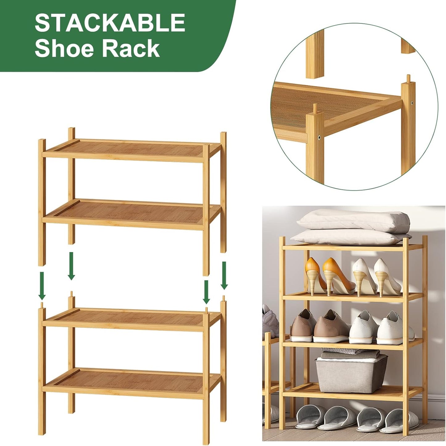 kiplant Small Shoe Rack, 4-Tier Bamboo Wood Shoe Rack for Entryway, Stackable Shoe Organizer for Hallway Closet, Free Standing Shoe Racks for Indoor & Outdoor