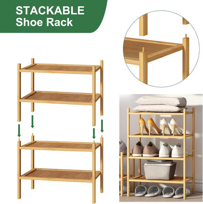 kiplant Small Shoe Rack, 4-Tier Bamboo Wood Shoe Rack for Entryway, Stackable Shoe Organizer for Hallway Closet, Free Standing Shoe Racks for Indoor & Outdoor