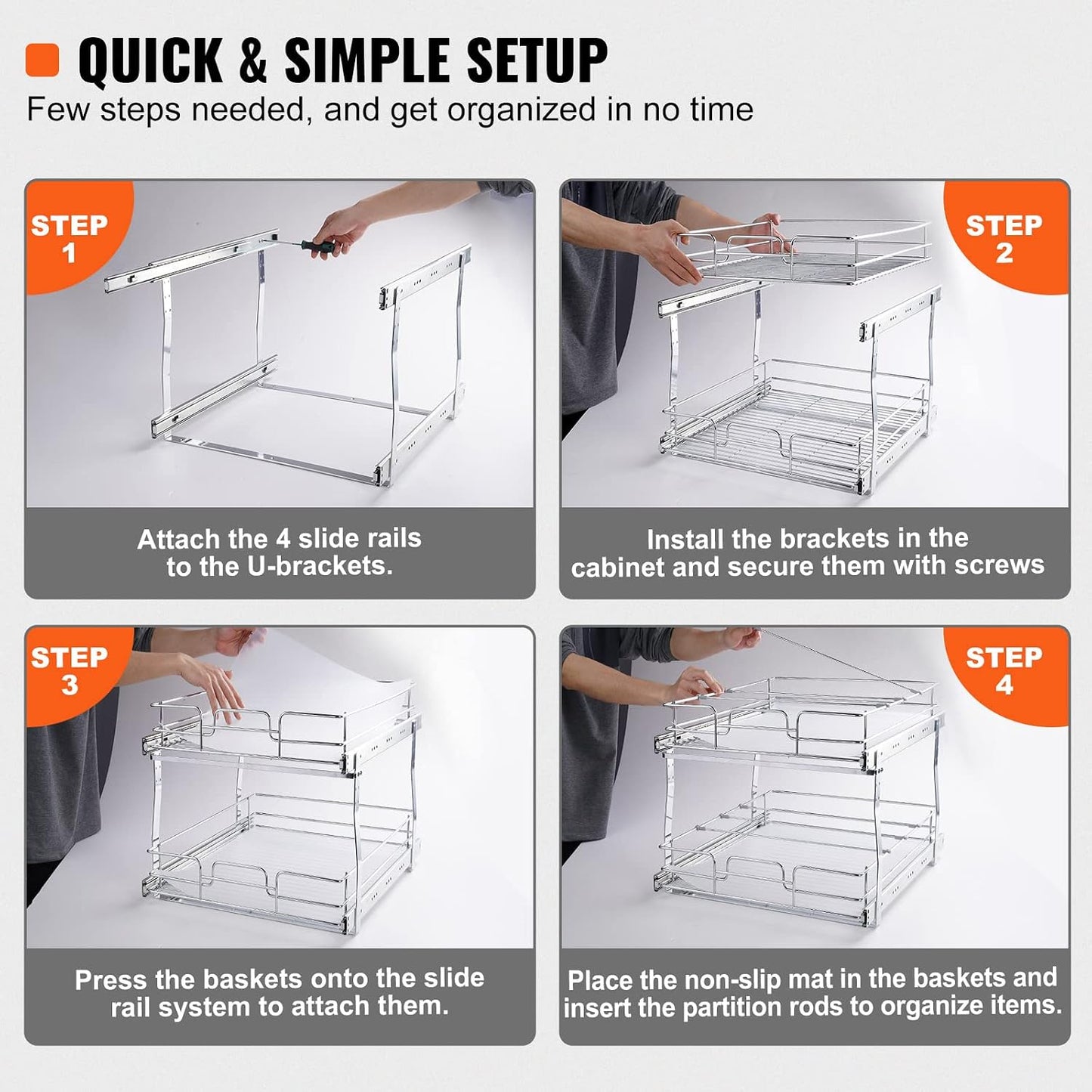 VEVOR Pull Out Cabinet Organizer, 12"W x 21"Dx15.2"H Heavy Duty Slide Out Pantry Shelves, Chrome-Plated Steel Roll Out Drawers for Home,13.5"Wx22"Dx19"H Inside Kitchen Cabinet, Bathroom, Under Sink