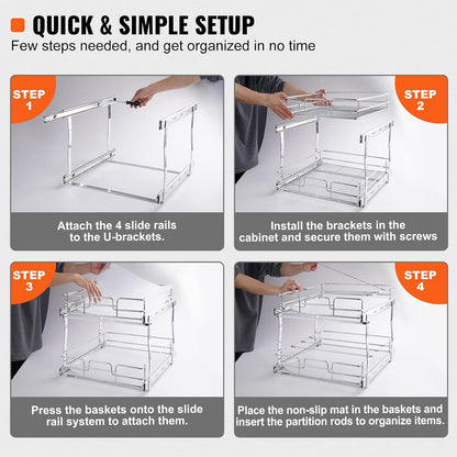 VEVOR Pull Out Cabinet Organizer, 12"W x 21"Dx15.2"H Heavy Duty Slide Out Pantry Shelves, Chrome-Plated Steel Roll Out Drawers for Home,13.5"Wx22"Dx19"H Inside Kitchen Cabinet, Bathroom, Under Sink