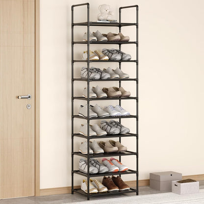 Small Shoe Rack 6-8 Pairs Sturdy Shoe Shelf 4-Tiers Narrow Stackable Shoe Organizer,Lightweight Kids Shoe Racks for Entryway, Doorway and Closet（Black）