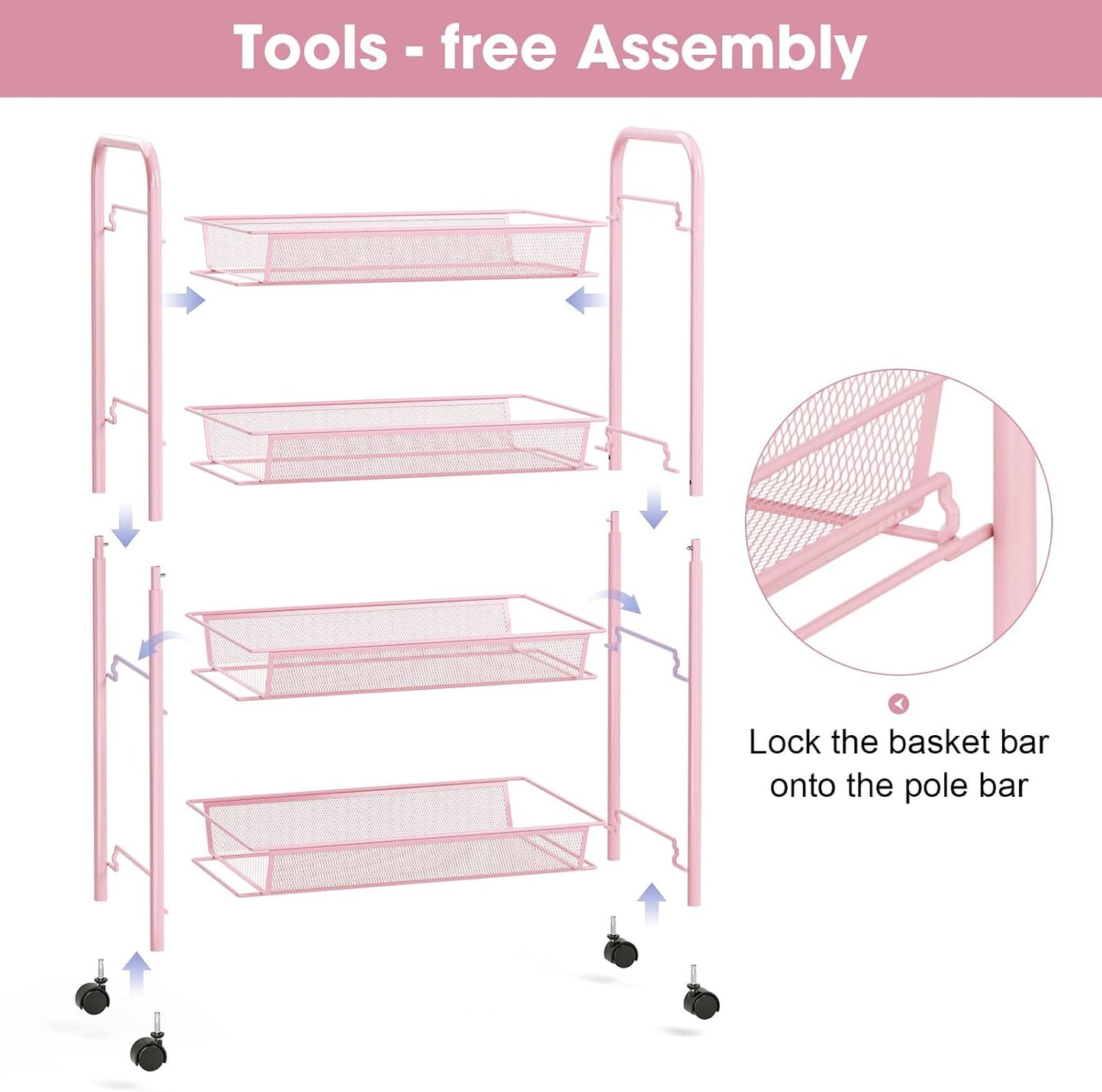TOOLF 3-Tier Metal Rolling Cart, Mesh Wire Easy Assemble Utility Cart, Storage Trolley on Wheels with 3 Hooks, MetalStorage Shelving Units for Kitchen Bathroom Laundry Room
