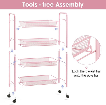 TOOLF 3-Tier Metal Rolling Cart, Mesh Wire Easy Assemble Utility Cart, Storage Trolley on Wheels with 3 Hooks, MetalStorage Shelving Units for Kitchen Bathroom Laundry Room
