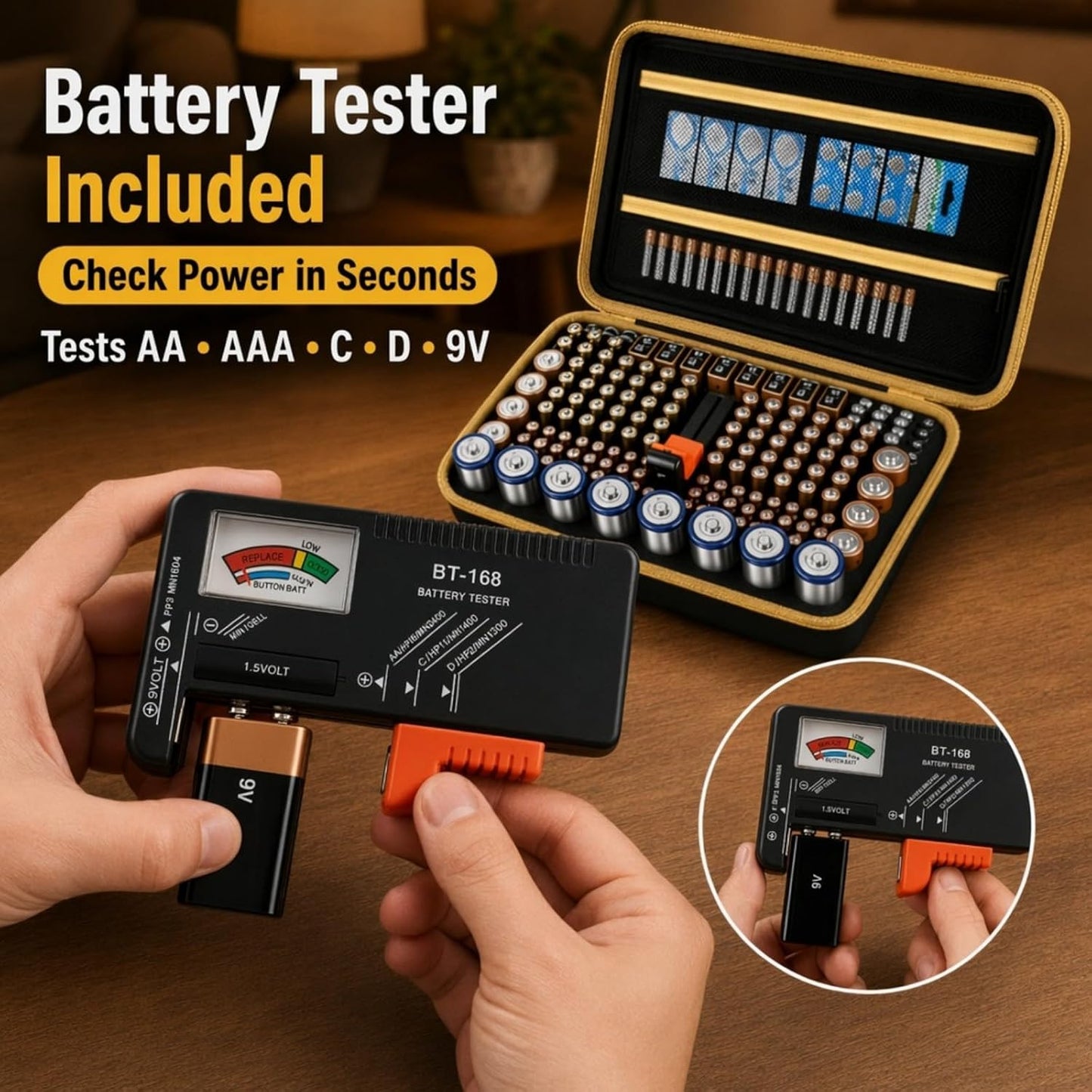 Comecase Battery Storage Case with Tester, Holds 148+ AA AAA C D 9V, Black | Hard-Shell Design, Carry Handle and Custom Foam Slots Keep Batteries Visible, Separated and Ready for Home, Garage or Office