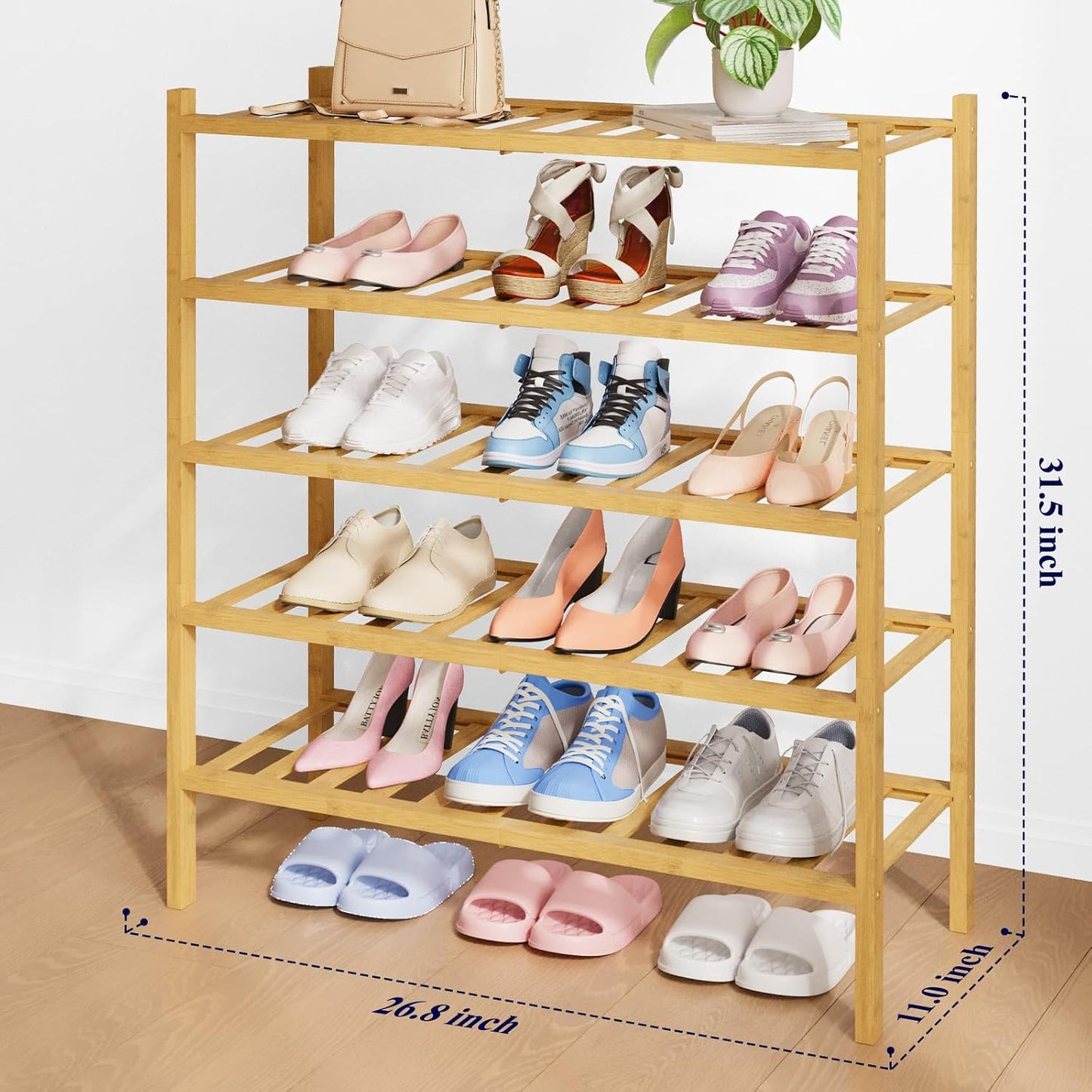 Kitsure Bamboo Wooden Shoe Rack for Closet - Stackable Shoe Organizer with Modular Structure, Space-Saving Shoe Shelf for Entryway, Living Room, Bedroom, 26.8" x 11" x 18.9", Natural