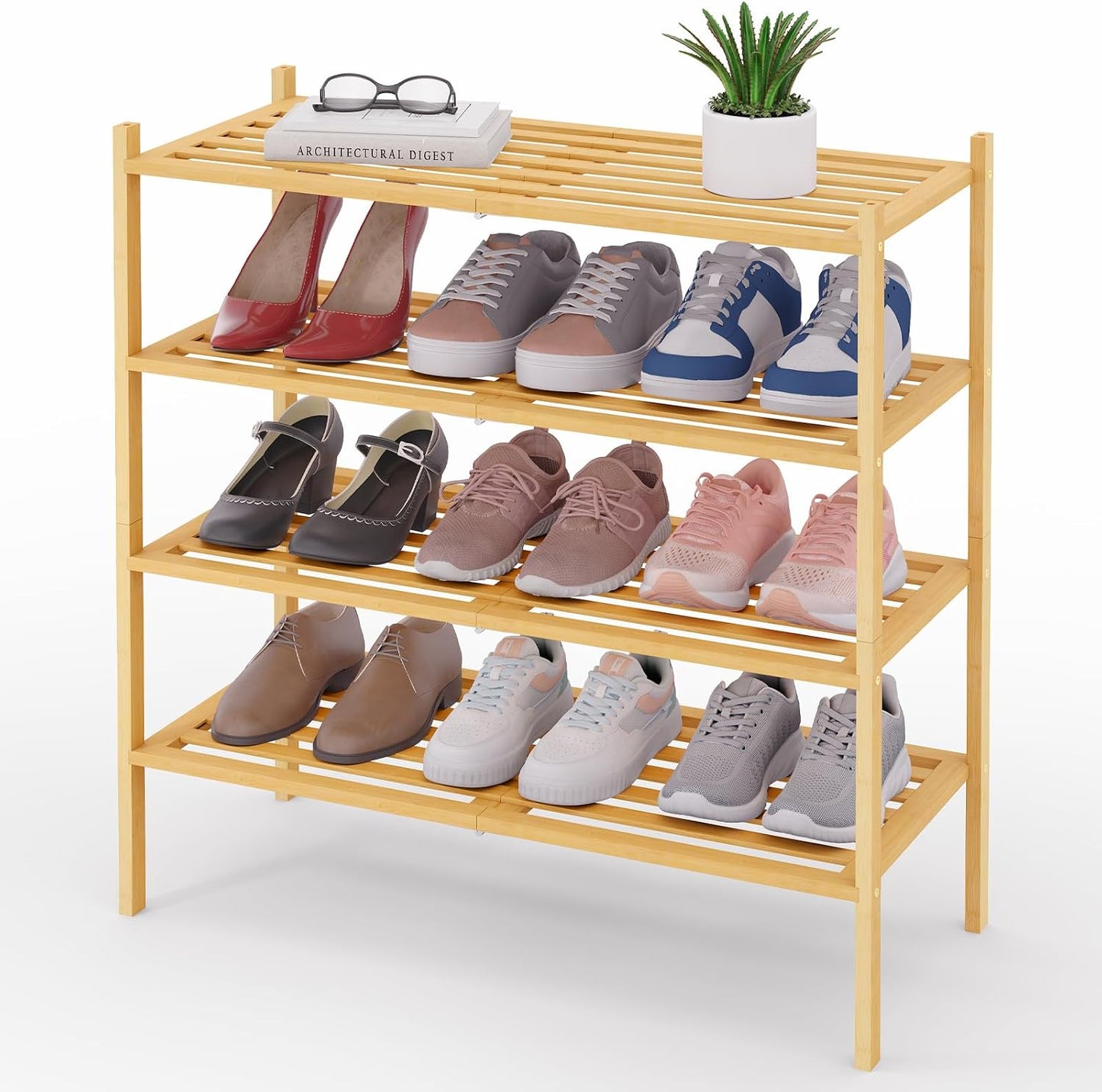 Smiry Bamboo Shoe Rack, 3 Tier Free Standing Wooden Shoe Organizer, Stackable Wood Shoe Storage Shelf for Closet, Entryway, 5 Horizontal Slats, 26.8"x11"x18.3", Natural