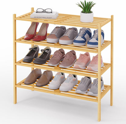 Smiry Bamboo Shoe Rack, 3 Tier Free Standing Wooden Shoe Organizer, Stackable Wood Shoe Storage Shelf for Closet, Entryway, 5 Horizontal Slats, 26.8"x11"x18.3", Natural