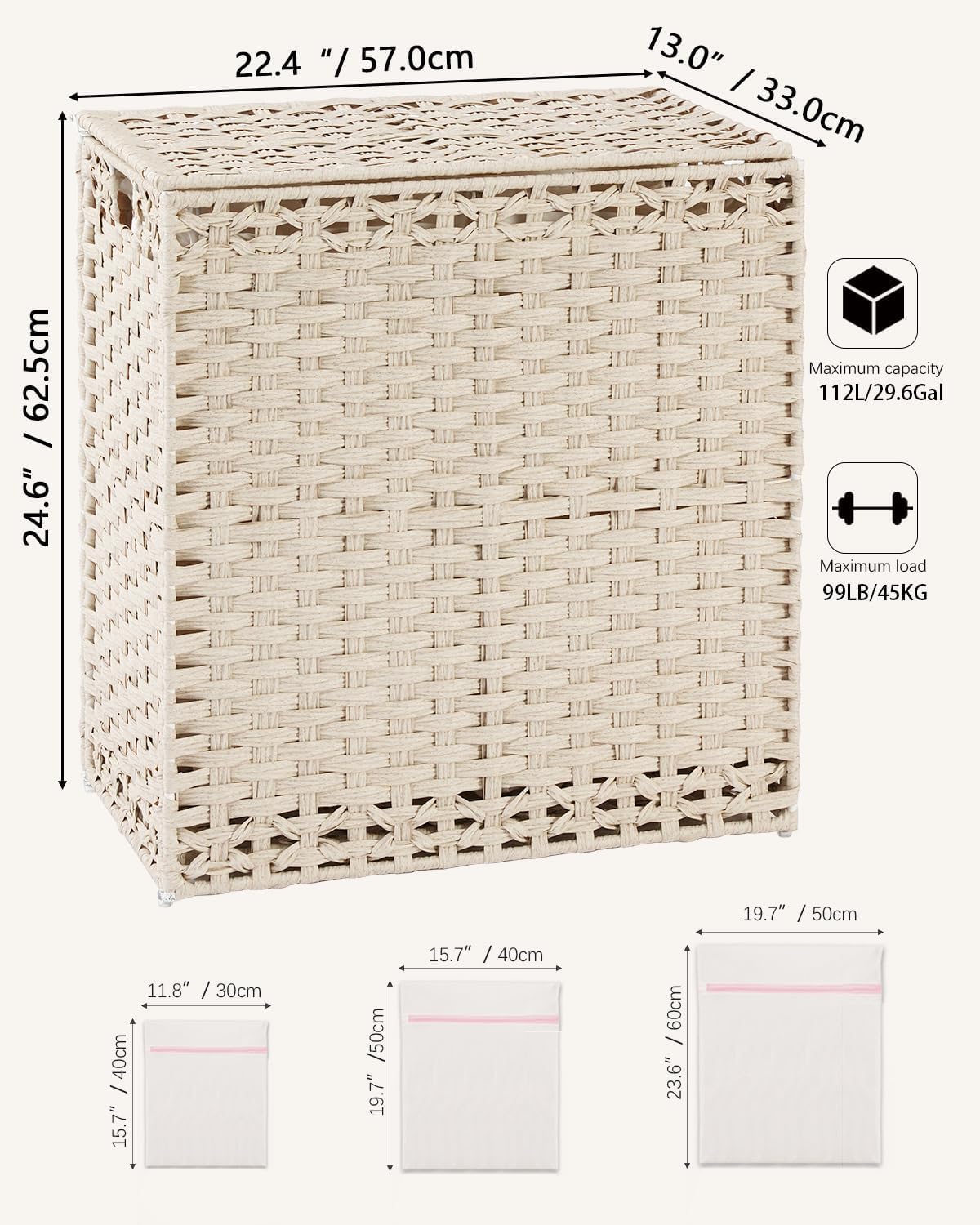 SETVSON Laundry Hamper with Lid Laundry Basket 132 L (35 Gal) Wicker Clothes Hamper, Handwoven Rattan Hamper with Handles and 4 Removable Liner Bags, 6 Mesh Bags for Laundry Bedroom Natural