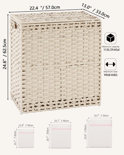 SETVSON Laundry Hamper with Lid Laundry Basket 132 L (35 Gal) Wicker Clothes Hamper, Handwoven Rattan Hamper with Handles and 4 Removable Liner Bags, 6 Mesh Bags for Laundry Bedroom Natural