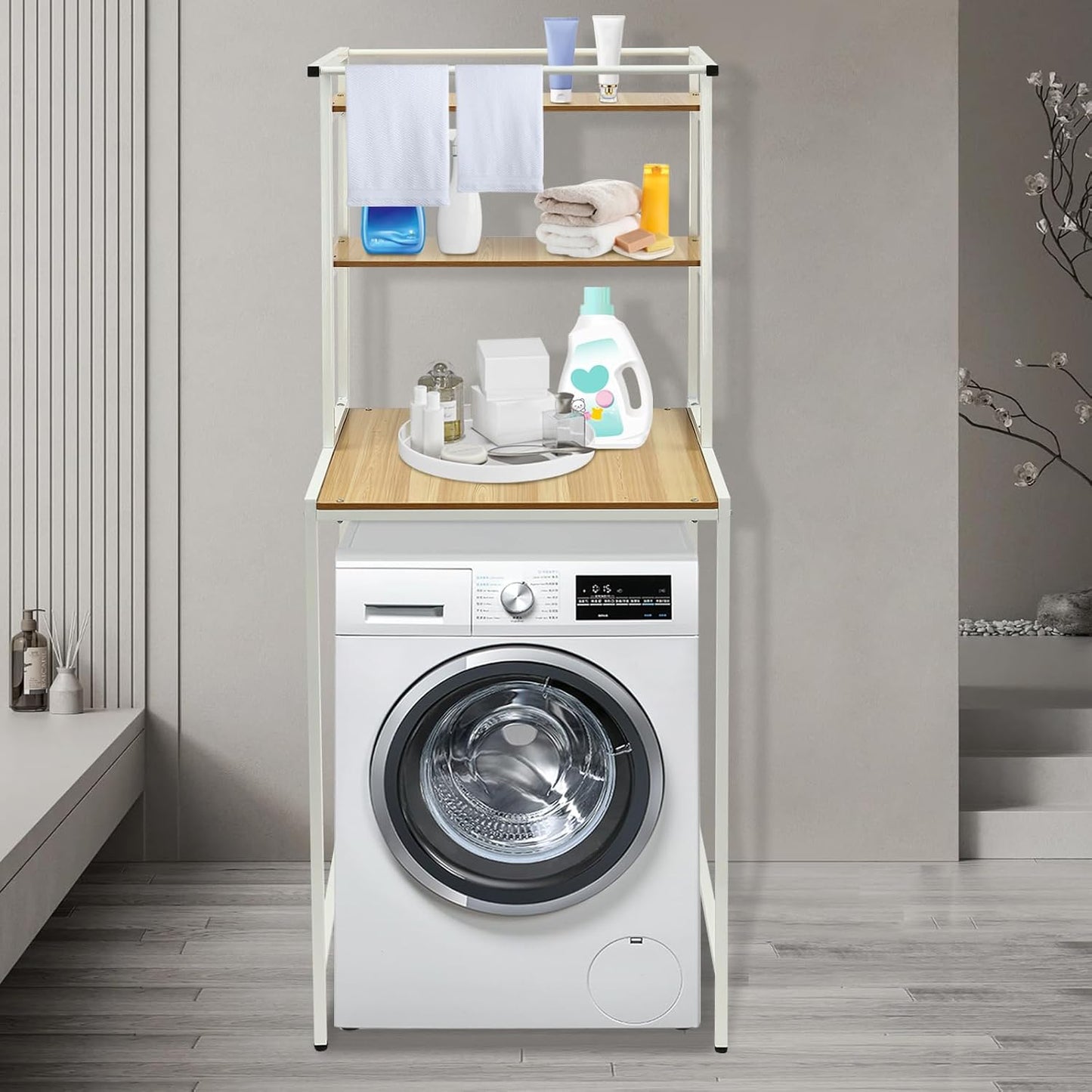 Washer and Dryer Shelves, Washer Dryer Countertop Rack 3 Tiers Laundry Room Storage Organizer Standing Shelf with Hanger Rod, Clothes Drying Rack Space Saving Organizers Shelf (White+Marble Plate)