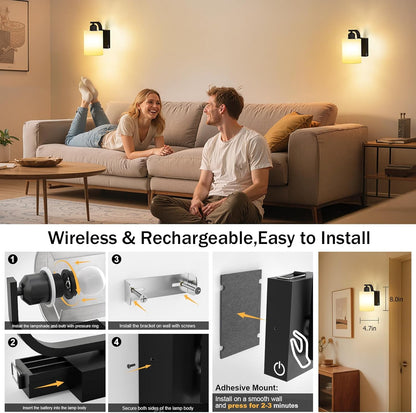 iThird Wall Sconce Battery Operated Set of 2, 6000mAh Rechargeable Wall Lights with Touch Control and Remote Control, Wireless Wall Lamps for Bedroom, Black Sconces Wall Decor for Living Room Hallway