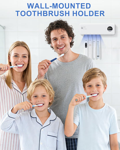 UV Toothbrush Sanitizer with Holder, Electric Toothbrush Holder Wall Mounted with Cover for 4 Slots, 2000mAh Rechargeable with Timer, Cordless Bathroom Organizer - White