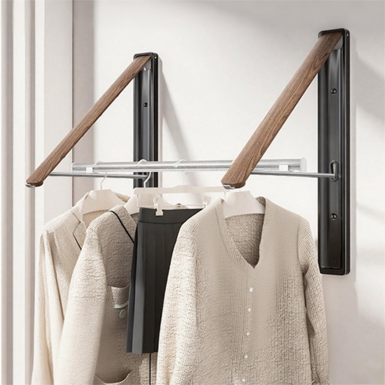Retractable Wall Mounted Drying Rack - Foldable Clothes Hanger in Walnut or Oak Color for Laundry Room, Closet & Balcony (Oak, 1 Rack)