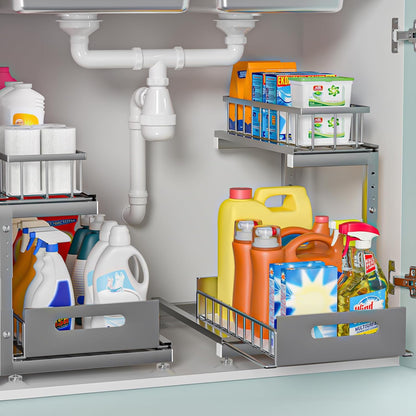 Saydear L-Shaped Under Sink Organizer, 2-Tier Pull-out Cabinet Rack 1-Pack | Black Height-Adjustable Metal Rack, Sliding Grid Drawers with Safety Stopper, Holds 100 Lbs, Ideal Kitchen Cabinet Storage