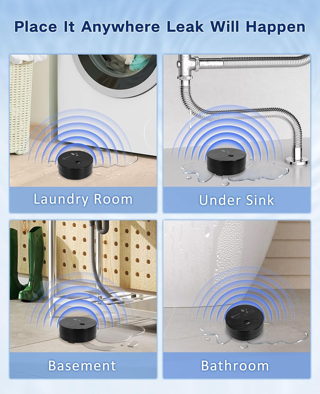 Geevon 2 Pack Water Leak Detectors, 100dB Water Sensor Alarms Flood Detector for Basements, Bathrooms, Laundry Rooms, Kitchens, Garages, and Attics, Water Alarms Battery-Operated (Battery Included)