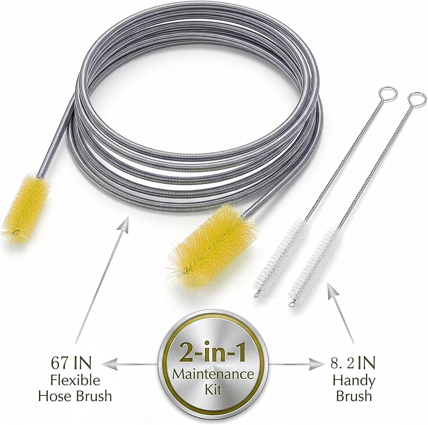 67" Flexible Drain Brush Set, Double Ended Long Hose Pipe Cleaner with 2 Pcs 8.2" Straw Cleaning Brushes, Nylon Tube Cleaner Tool for Refrigerator Defrost, Aquarium Filter, Sink Drain