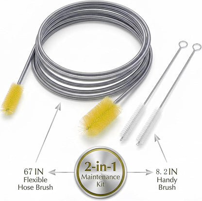 67" Flexible Drain Brush Set, Double Ended Long Hose Pipe Cleaner with 2 Pcs 8.2" Straw Cleaning Brushes, Nylon Tube Cleaner Tool for Refrigerator Defrost, Aquarium Filter, Sink Drain