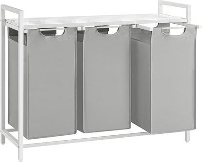 VASAGLE Laundry Hamper, Laundry Basket Sorter with 3 Pull-Out and Removable Bags, Shelf, Metal Frame, 3 x 10.6 Gallons (40 L), 36.4 x 13 x 28.4 Inches, Cappuccino Beige and Natural Beige UBLH301LH01