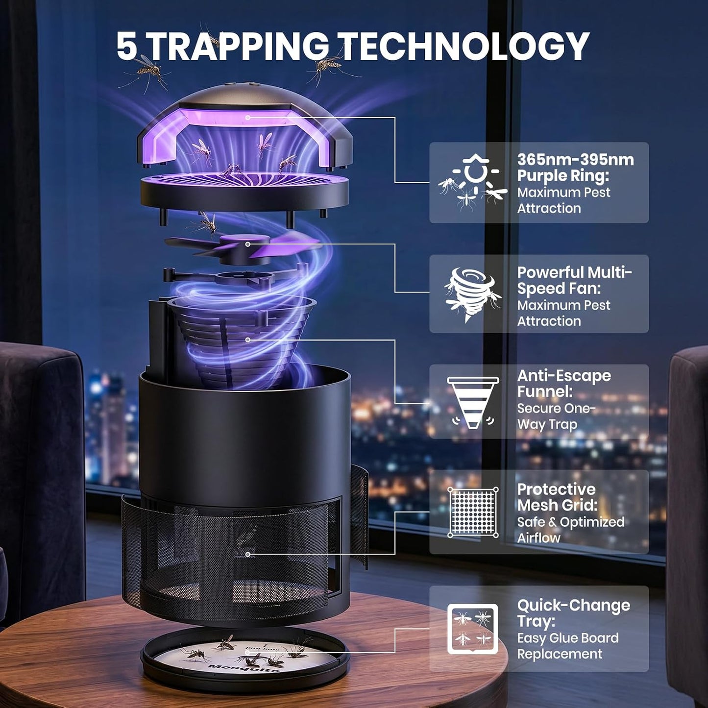 Fruit Fly Traps for Indoors, Catcher & Killer, Indoor Insect Trap | Upgraded Purple Light, Odorless & Quiet, 3-Speed Fan Suction for Gnats & Mosquitoes in Kitchen, Home, and Plants