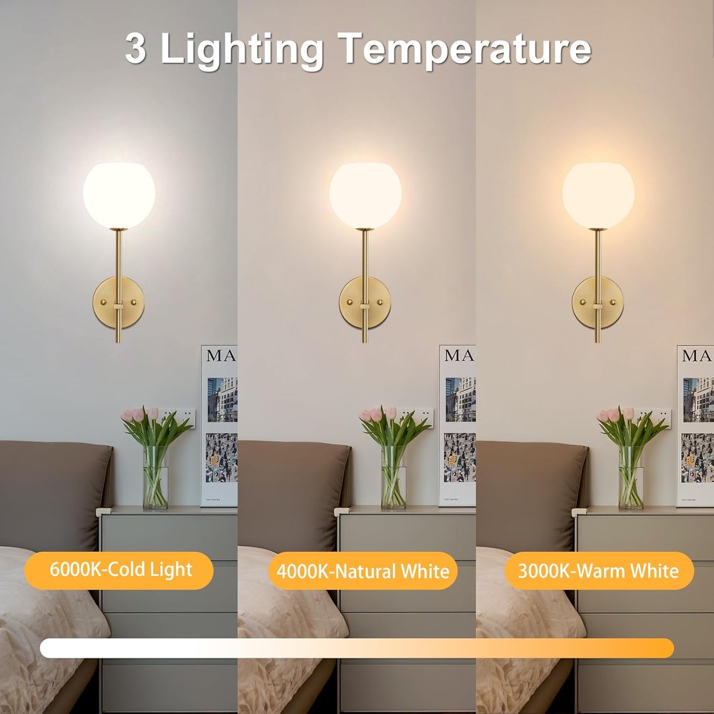 Brass Battery Operated Wall Sconces Set of 2, Rechargeable Wireless Wall Lights with Milky White Frosted Glass, 12 RGB and 3CCT Dimmable, Wall Lamps with Remote for Bedroom Living Room Hallway