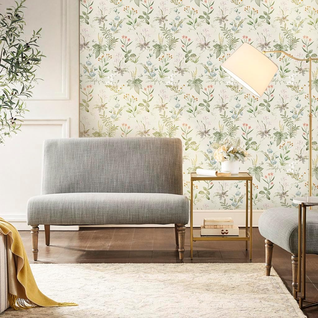 Simon&Siff Vintage Wallpaper Peel and Stick Beige Floral Contact Paper Wildflowers Botanical Wall Paper Removable Renter Friendly Wallpaper 17.3in x 9.8ft