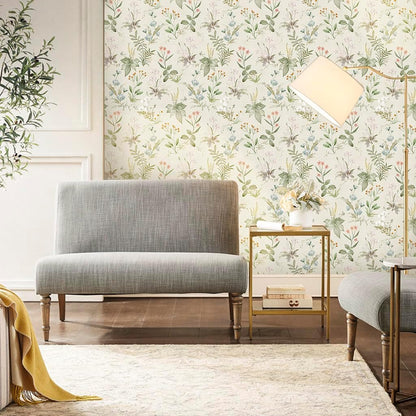 Simon&Siff Vintage Wallpaper Peel and Stick Beige Floral Contact Paper Wildflowers Botanical Wall Paper Removable Renter Friendly Wallpaper 17.3in x 9.8ft