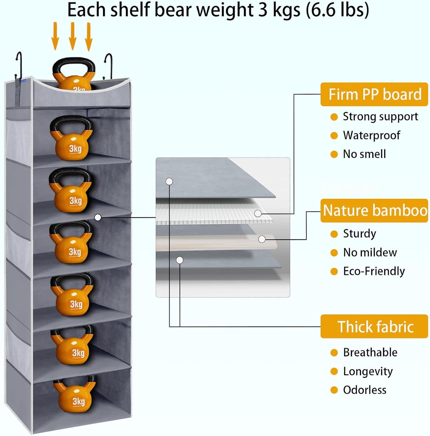 4-Shelf Hanging Closet Organizer and Storage with 4 Side Pockets, Collapsible Closet Hanging Shelves for Storage, Grey