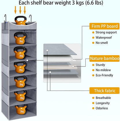 4-Shelf Hanging Closet Organizer and Storage with 4 Side Pockets, Collapsible Closet Hanging Shelves for Storage, Grey