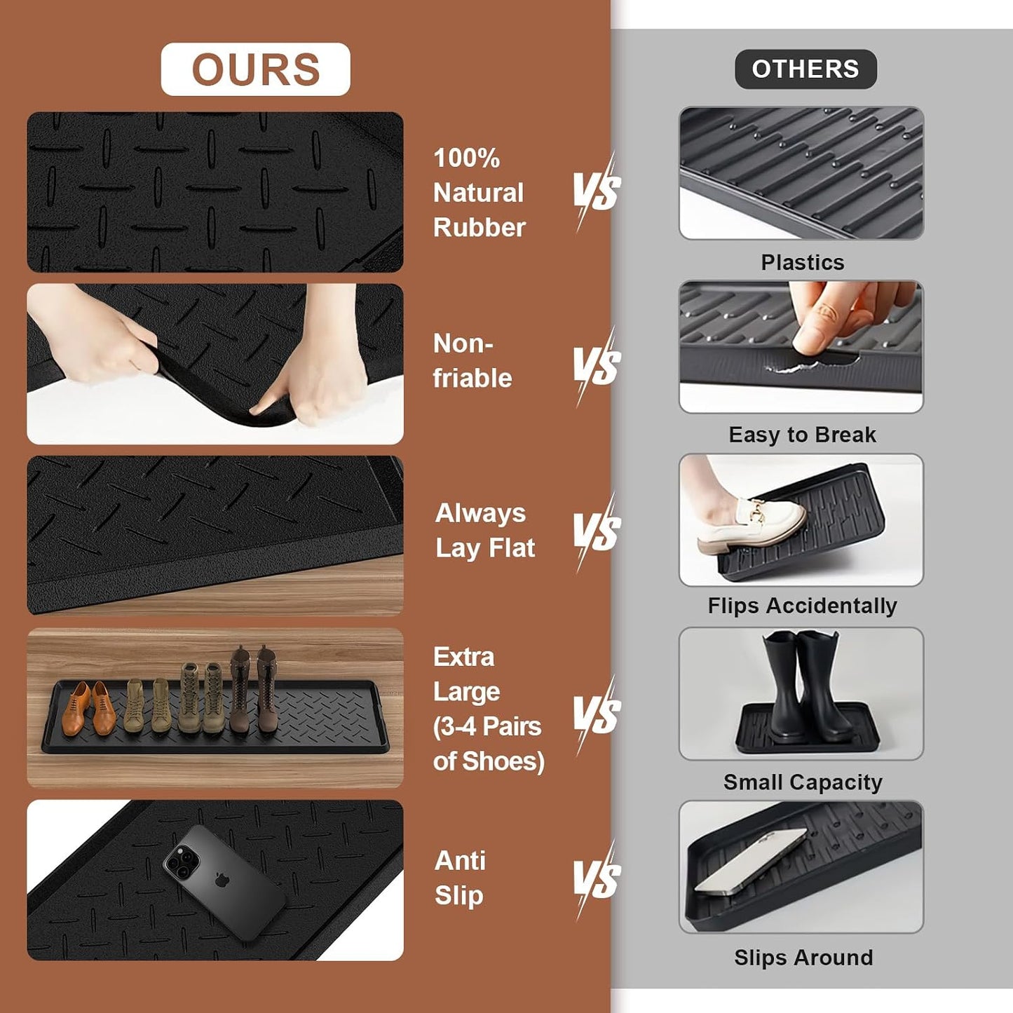 Heavy Duty Boot Trays Natural Rubber Shoe Mat Tray for Entryway with Shoes Brush Large Boot mat Tray Multi-Purpose for Indoor or Outdoor