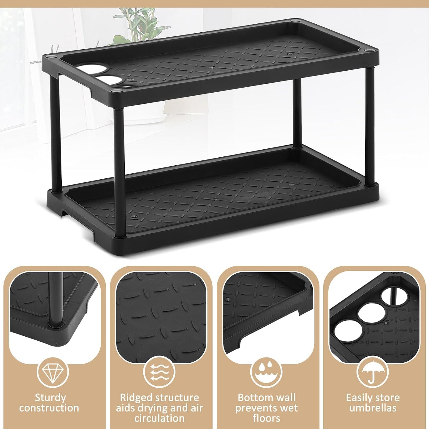 Cinnvoice 2 Tier Boot Shoe Organizer Rack with Umbrella Holder Plastic Waterproof Shoe Mat for Entryway Indoor Outdoor, 28 x 14.5 x 14.5 Inches