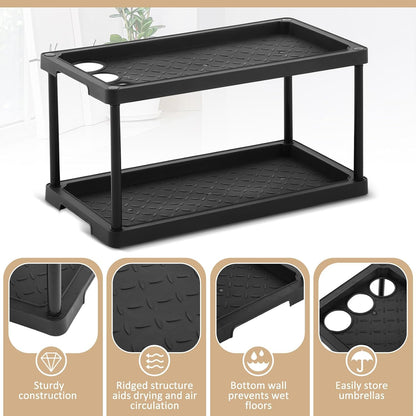 Cinnvoice 2 Tier Boot Shoe Organizer Rack with Umbrella Holder Plastic Waterproof Shoe Mat for Entryway Indoor Outdoor, 28 x 14.5 x 14.5 Inches