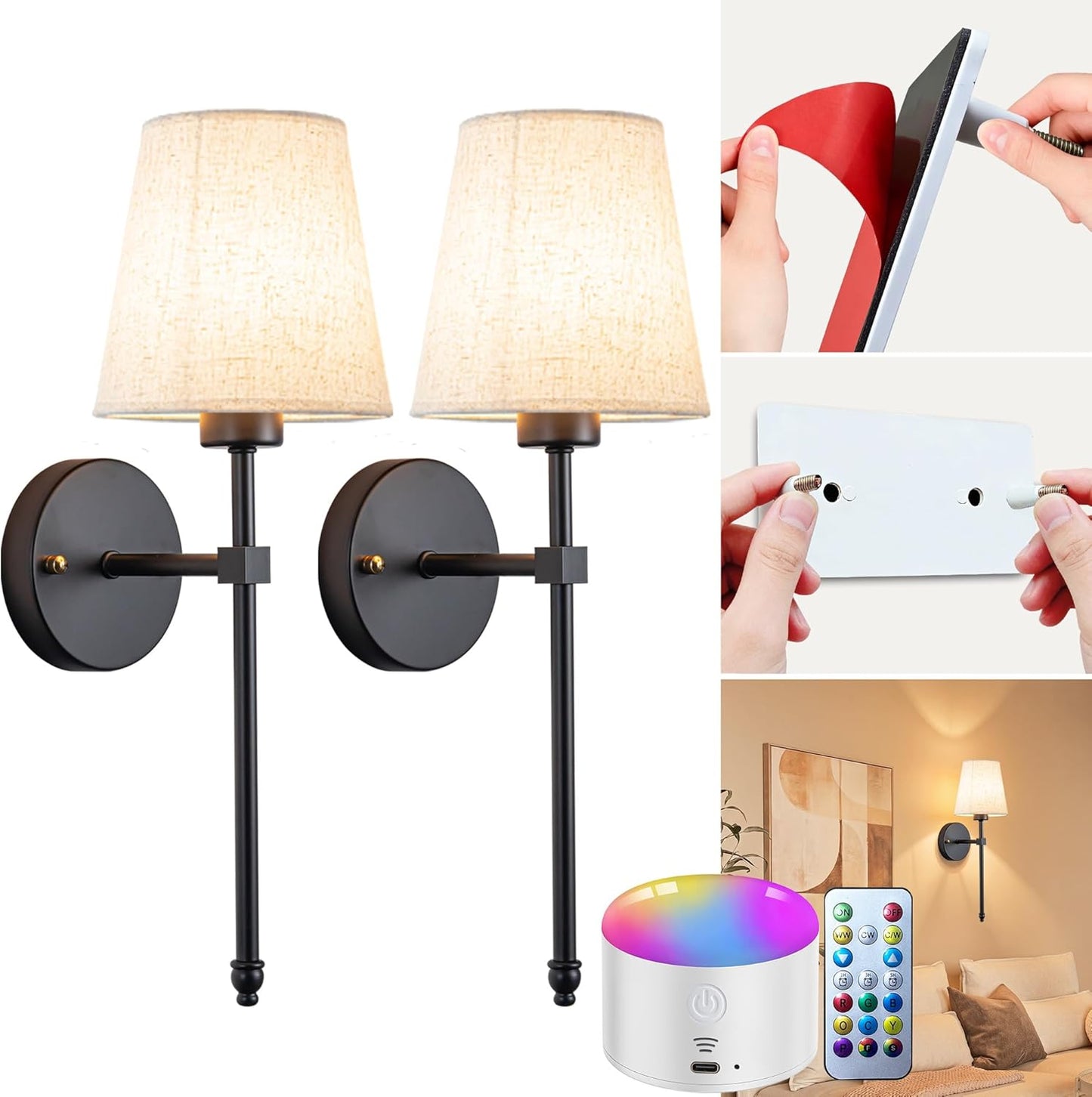 Battery Operated Wall Sconce Set Of Two with Remote Control, Indoor Not Hardwired Dimmable Battery Operated Wall Sconce Light Fixture with Fabric Linen Shade For Bedroom Living Room, Bulb Included ( C
