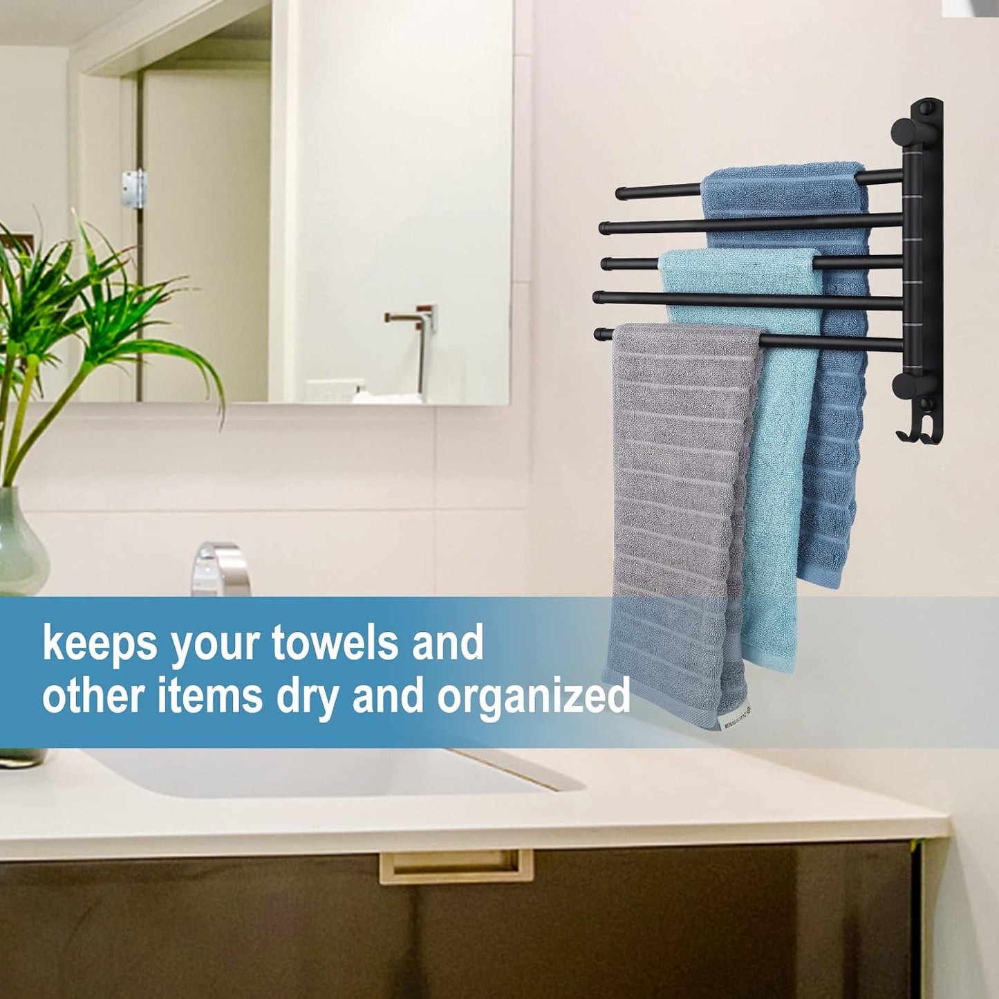 5-Arm Swivel Towel Rack - 180° Rotating Wall Mounted, 304 Stainless Steel Rustproof, Heavy Duty Bathroom Accessories, Space Saving Towel Organizer for Bathroom Kitchen Laundry - Pearl White
