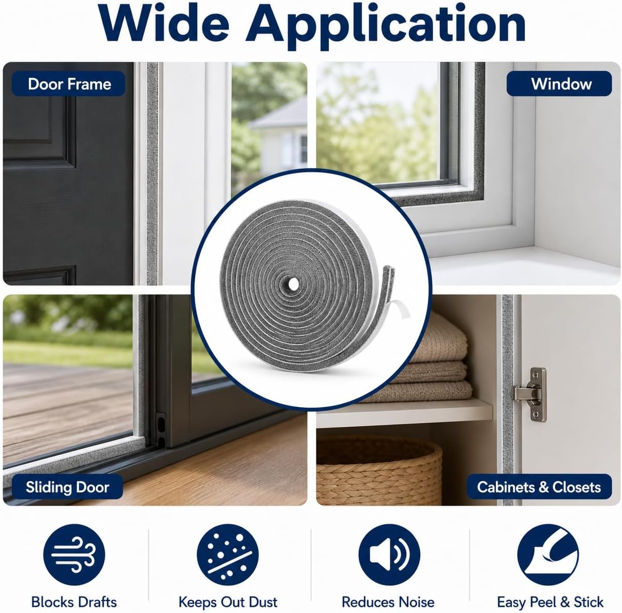 Self-Adhesive Door Draft Stopper & Weather Stripping Door Seal – Gray, 33 Ft x 0.35" Wide x 0.35" Thick Foam Seal Strip – Draft Blocker, Noise Reduction, Insulation