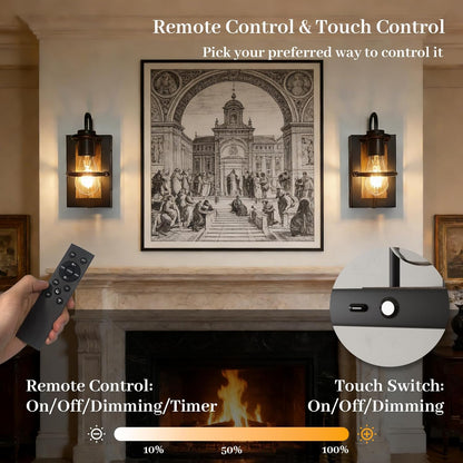 Wireless Battery Operated Wall Sconce Set of 2,Dimmable, Rechargeable with Remote & Touch Control, Industrial Vintage Design,No Wiring Installation, 8000mAh,Timmer,Magnetic Mount