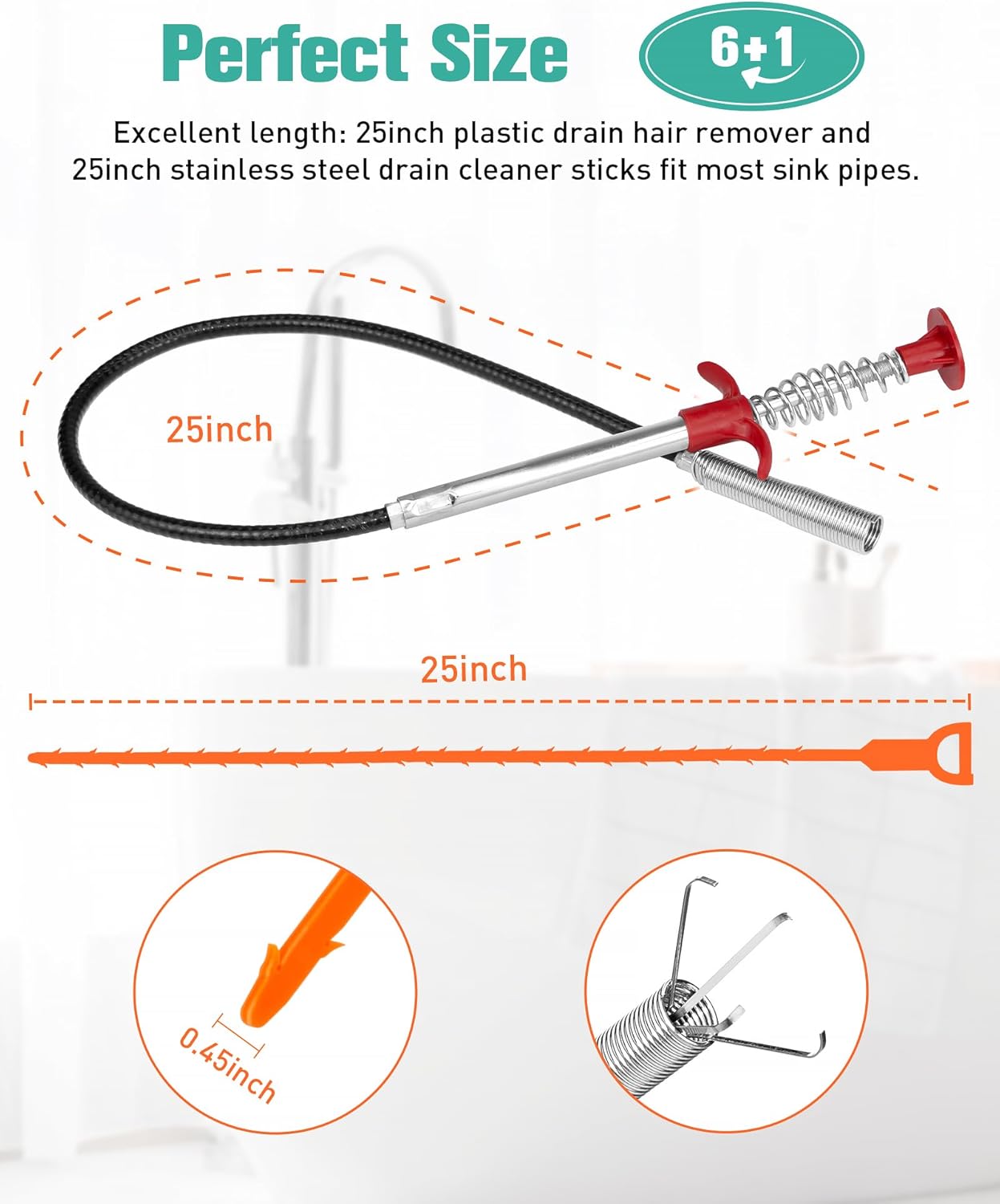 Oanie 7 Pack Drain Cleaner - 25inch Hair Clog Remover Tool, Sticks To Drain Hair, Sink Snake for Shower, Kitchen Sink, Bath Tub, Bathroom