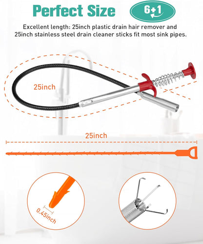 Oanie 7 Pack Drain Cleaner - 25inch Hair Clog Remover Tool, Sticks To Drain Hair, Sink Snake for Shower, Kitchen Sink, Bath Tub, Bathroom