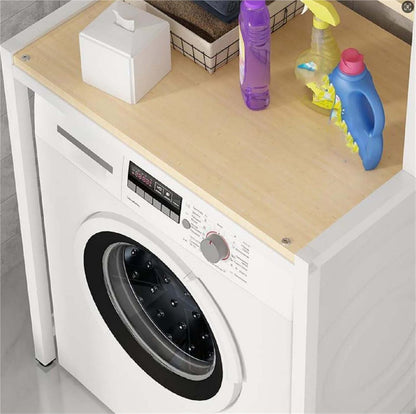 Over The Washer Storage Shelf, Space-Saving Laundry Organizer, Sturdy Metal Frame with Natural Wood Shelves, No Drilling, Ideal for Laundry Room, Bathroom, Balcony(White,3-T)